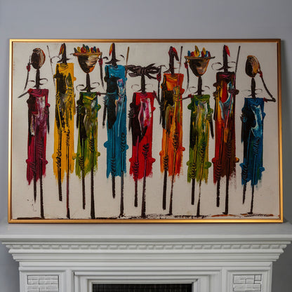 Maasai Figures African Wall Art Canvas, Landscape in antique gold floating frame