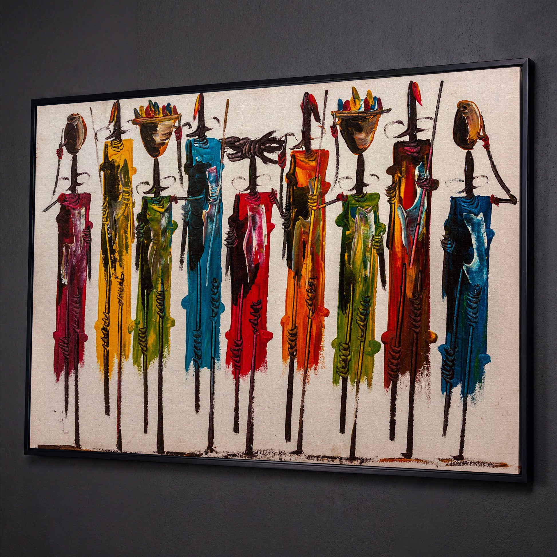 Maasai Figures African Wall Art Canvas, Landscape shown in black floating frame