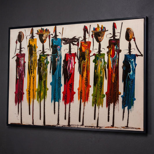 Maasai Figures African Wall Art Canvas, Landscape shown in black floating frame