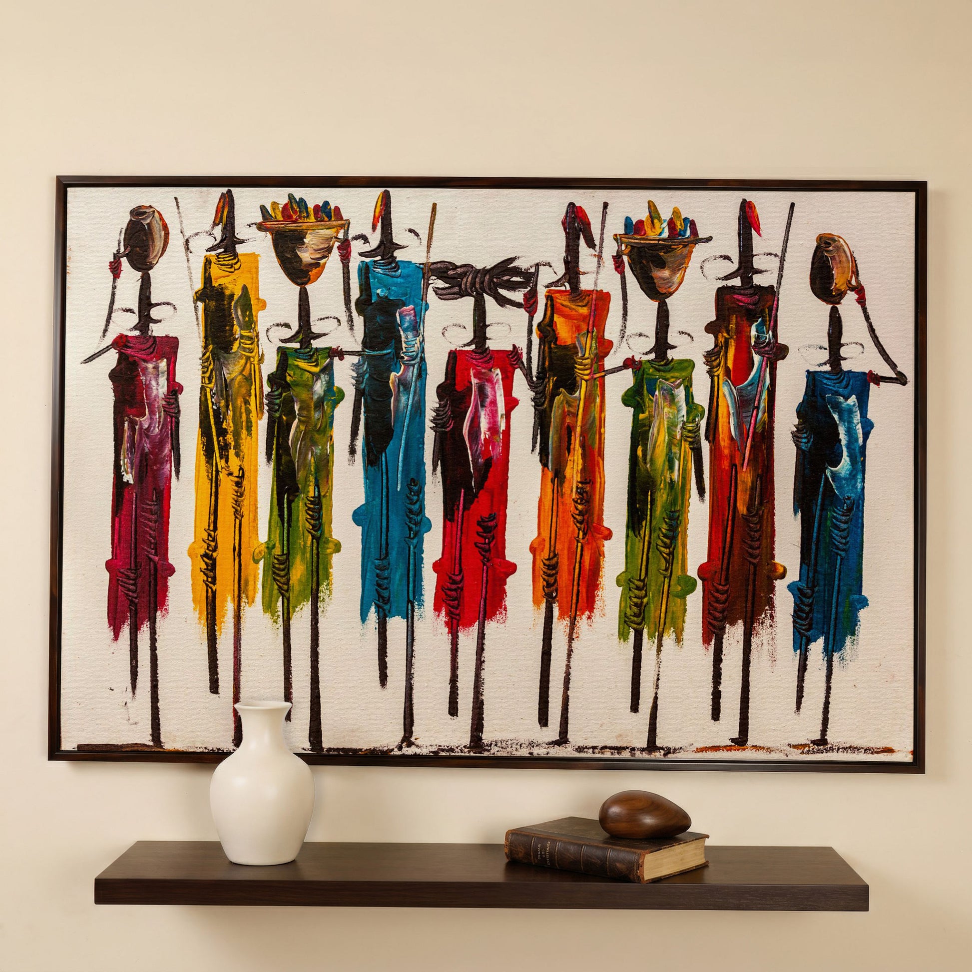 Maasai Figures African Wall Art Canvas, Landscape in dark walnut floating frame
