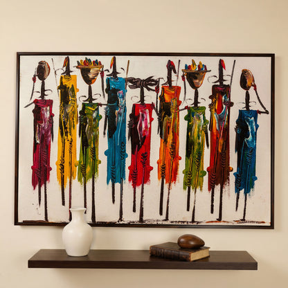 Maasai Figures African Wall Art Canvas, Landscape in dark walnut floating frame