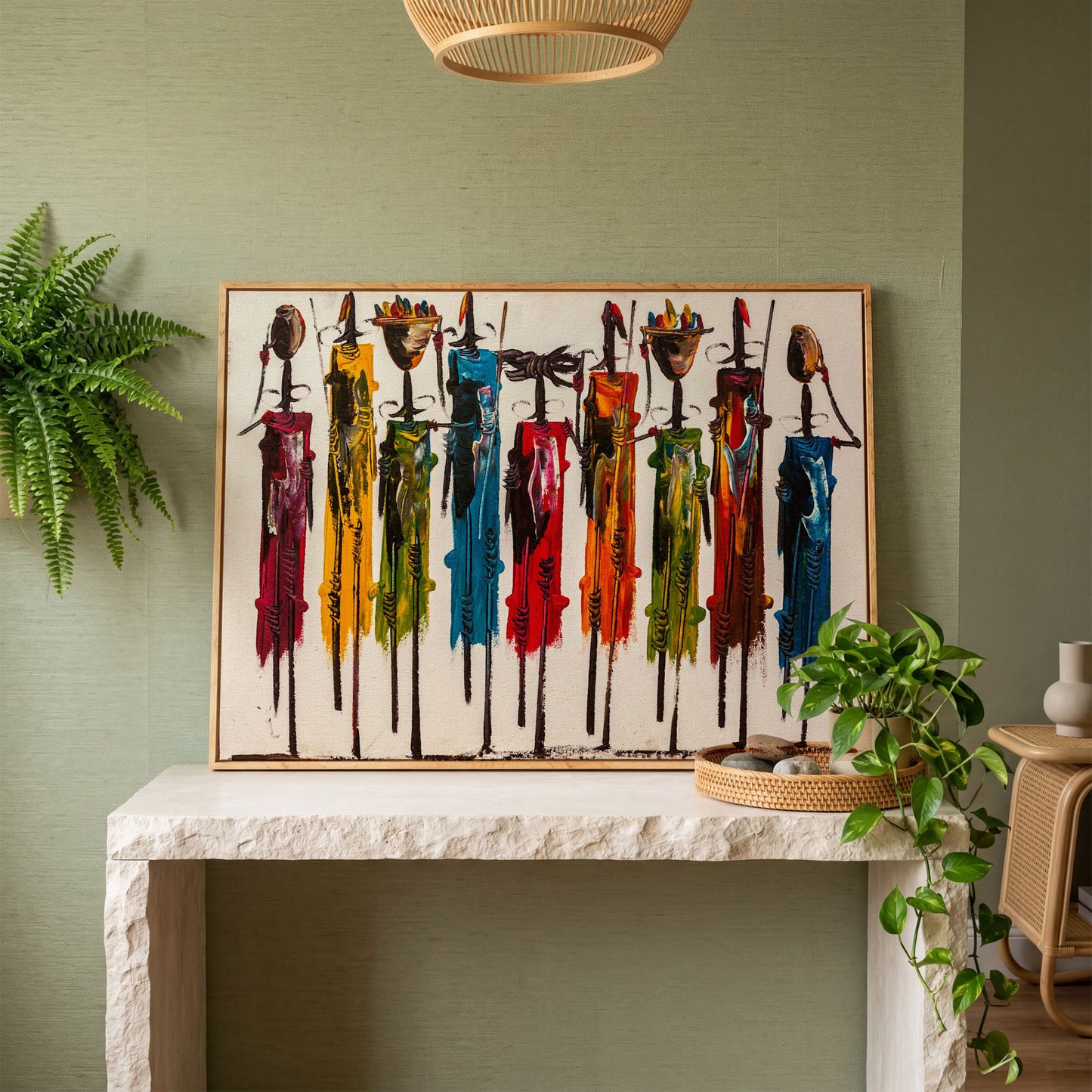 Maasai Figures African Wall Art Canvas, Landscape in white oak floating frame