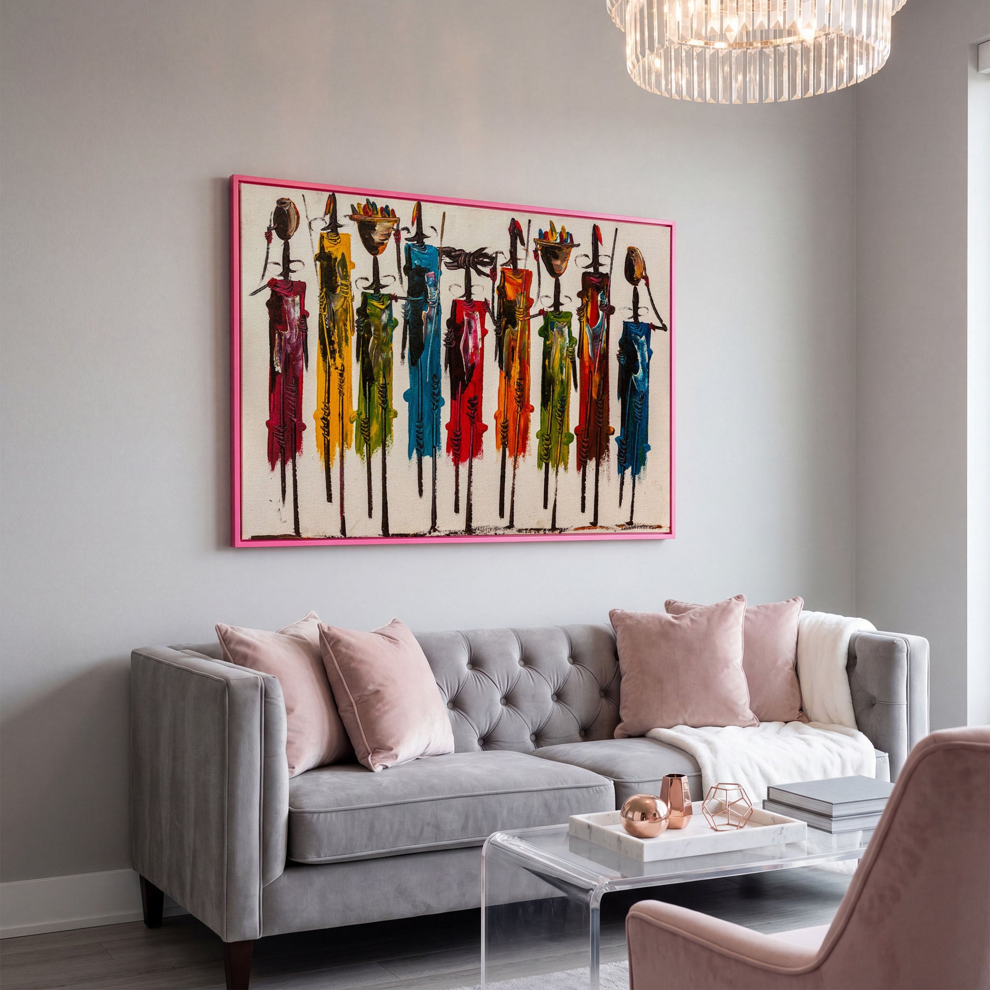 Maasai Figures African Wall Art Canvas, Landscape in pink floating frame
