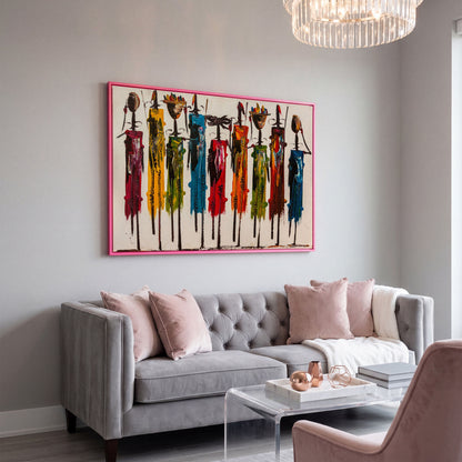 Maasai Figures African Wall Art Canvas, Landscape in pink floating frame