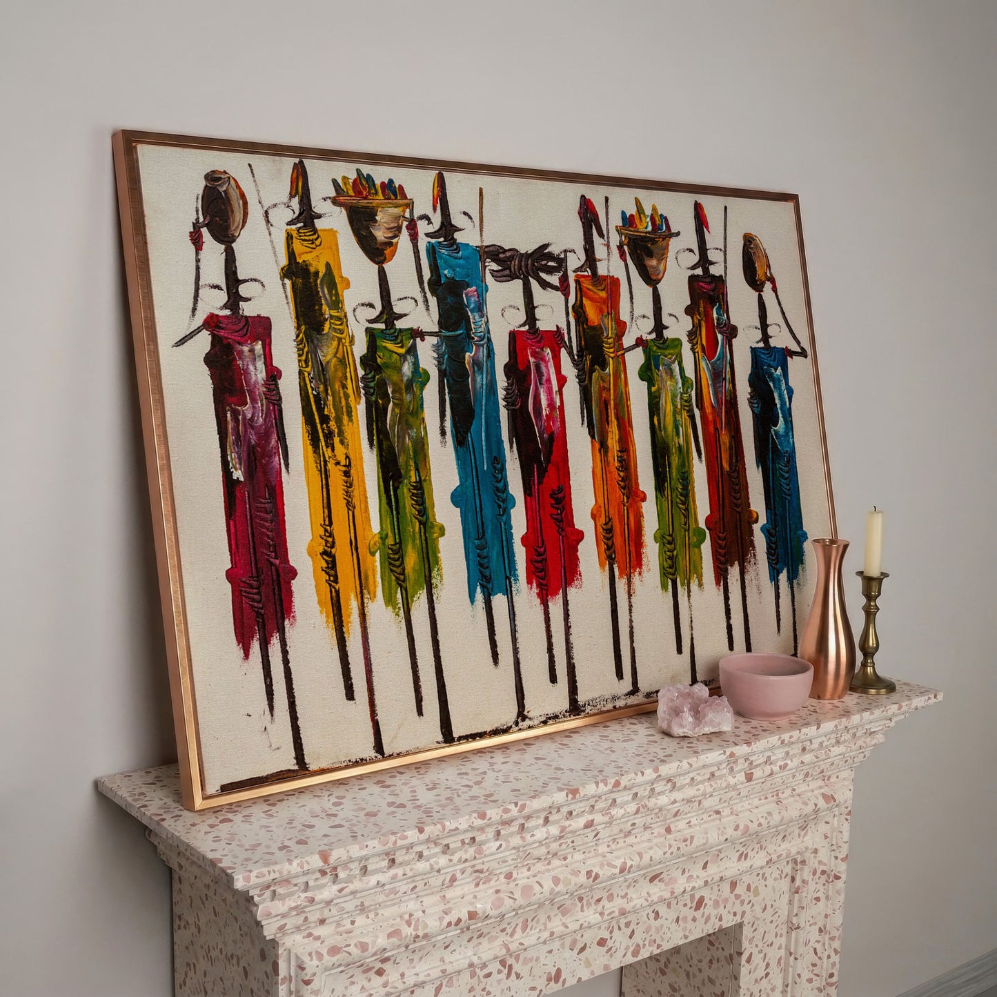 Maasai Figures African Wall Art Canvas, Landscape in rose gold floating frame