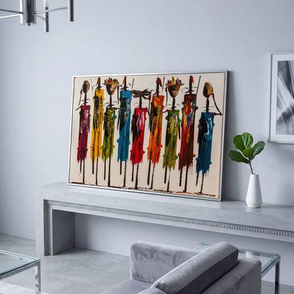 Maasai Figures African Wall Art Canvas, Landscape in silver floating frame