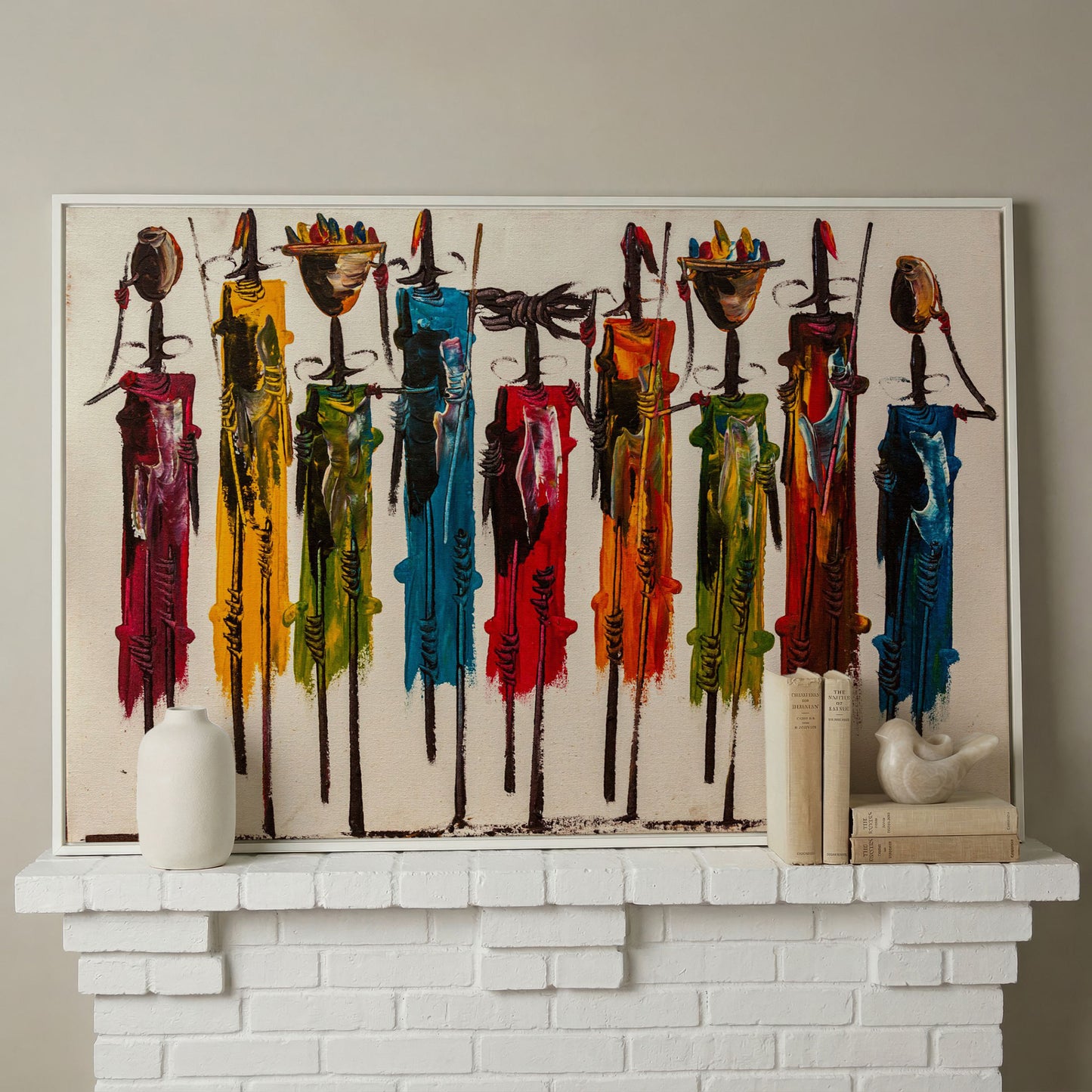 Maasai Figures African Wall Art Canvas, Landscape in white floating frame