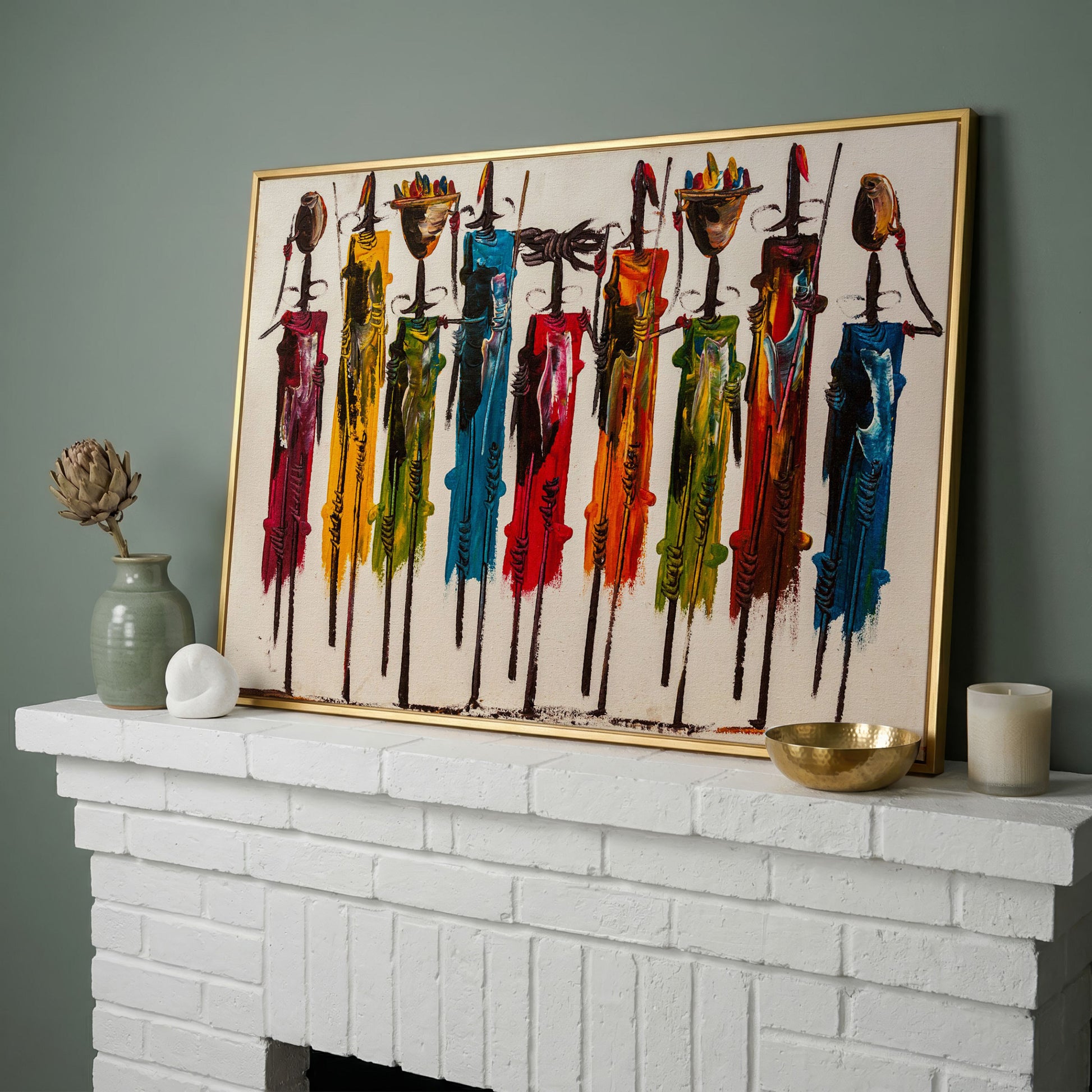 Maasai Figures African Wall Art Canvas, Landscape in yellow gold floating frame
