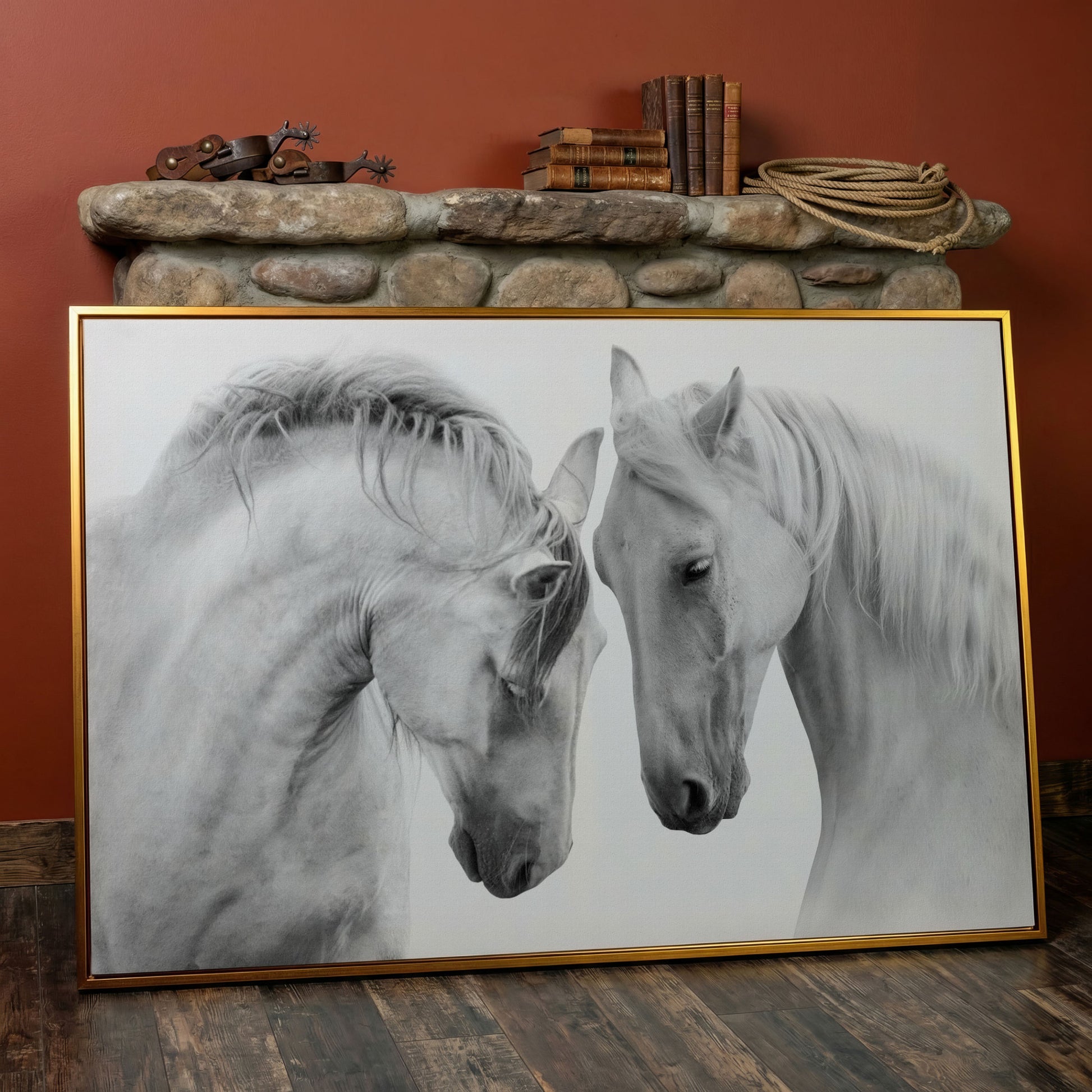 Two Horses Close-Up Portrait Canvas Wall Art in antique gold floating frame
