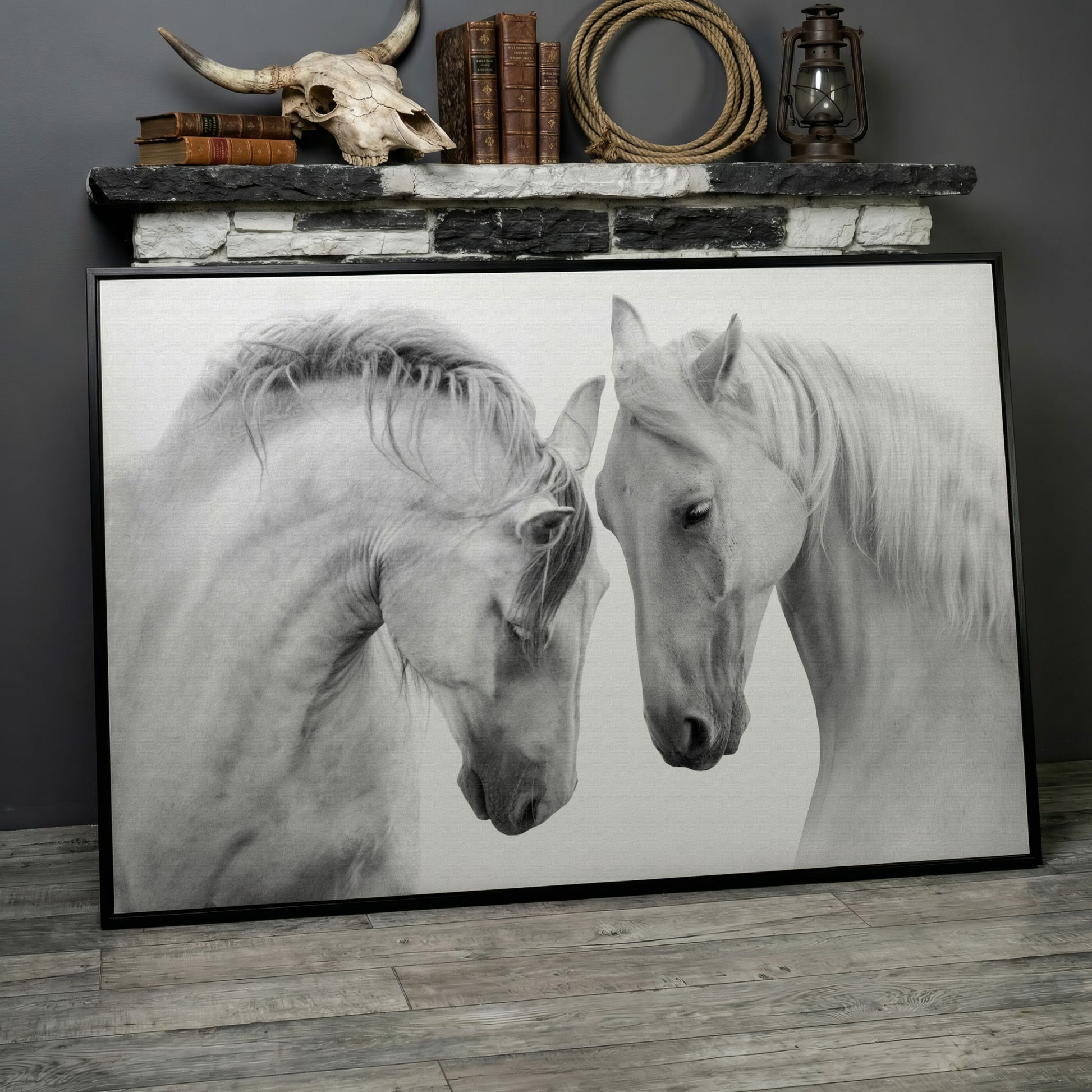 Two Horses Close-Up Portrait Canvas Wall Art in black floating frame