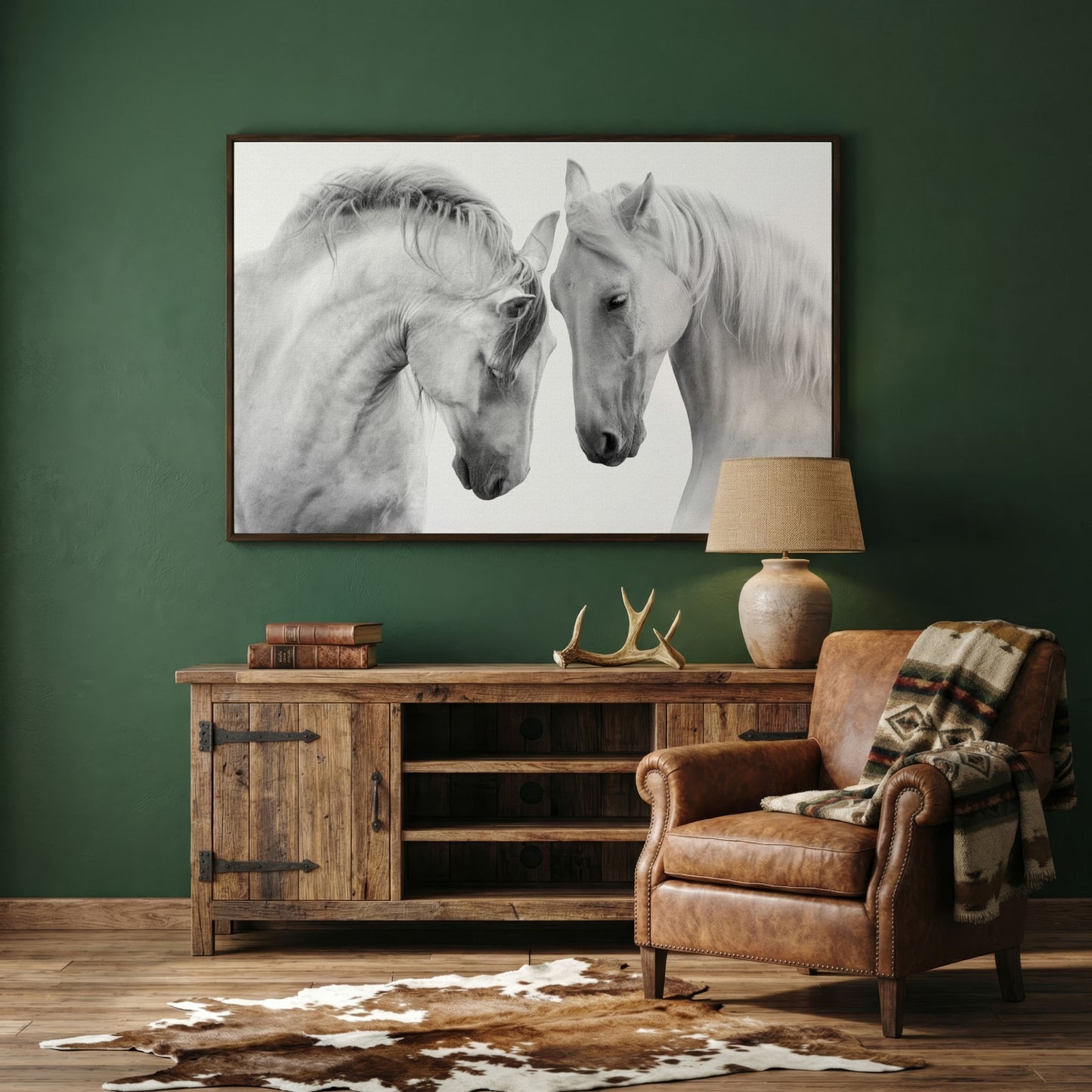 Two Horses Close-Up Portrait Canvas Wall Art in dark walnut floating frame