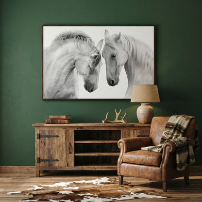 Two Horses Close-Up Portrait Canvas Wall Art in dark walnut floating frame