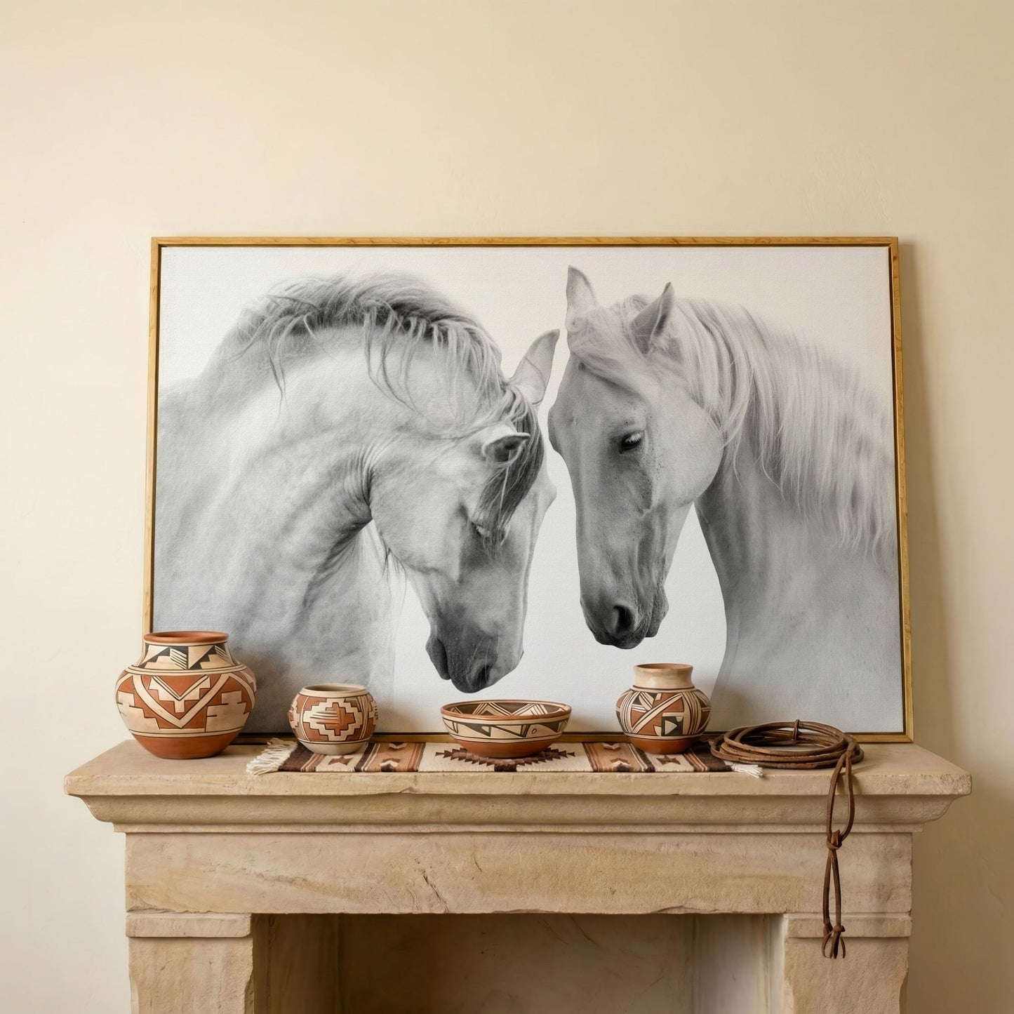 Two Horses Close-Up Portrait Canvas Wall Art in white oak floating frame