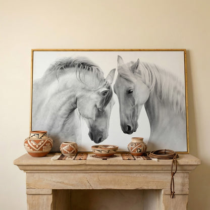 Two Horses Close-Up Portrait Canvas Wall Art in white oak floating frame