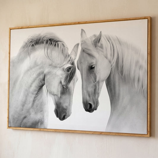 Two Horses Close-Up Portrait Canvas Wall Art shown in white oak floating frame