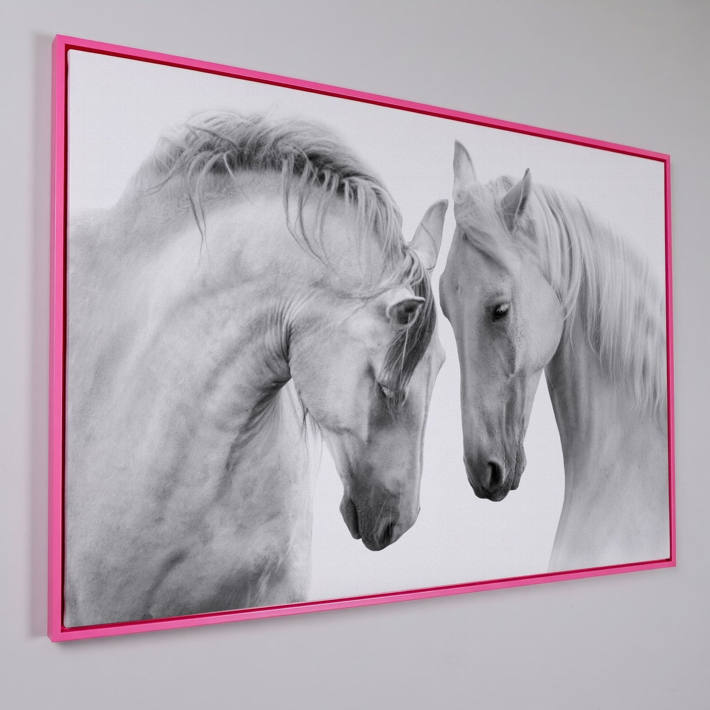 Two Horses Close-Up Portrait Canvas Wall Art in pink floating frame