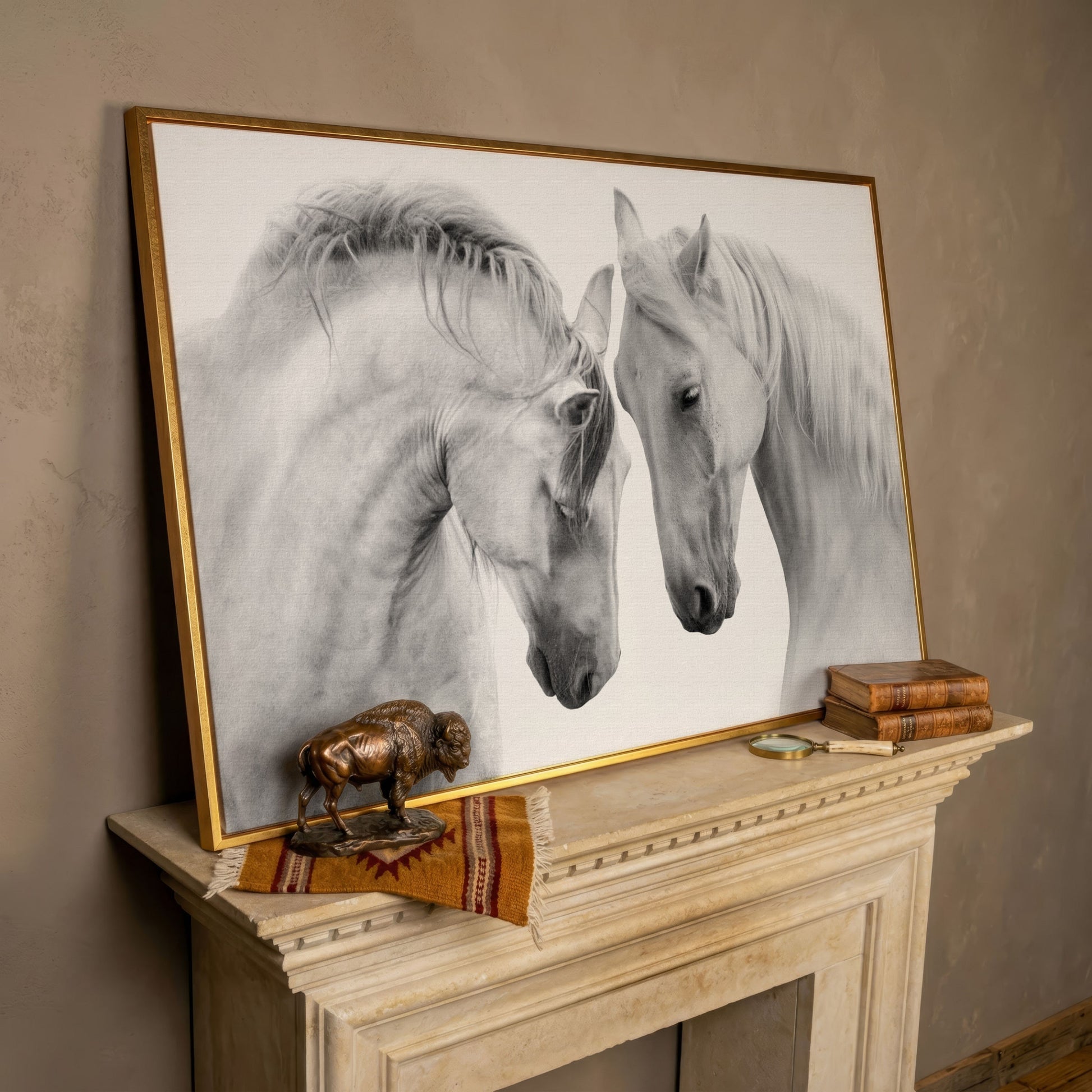 Two Horses Close-Up Portrait Canvas Wall Art in rose gold floating frame