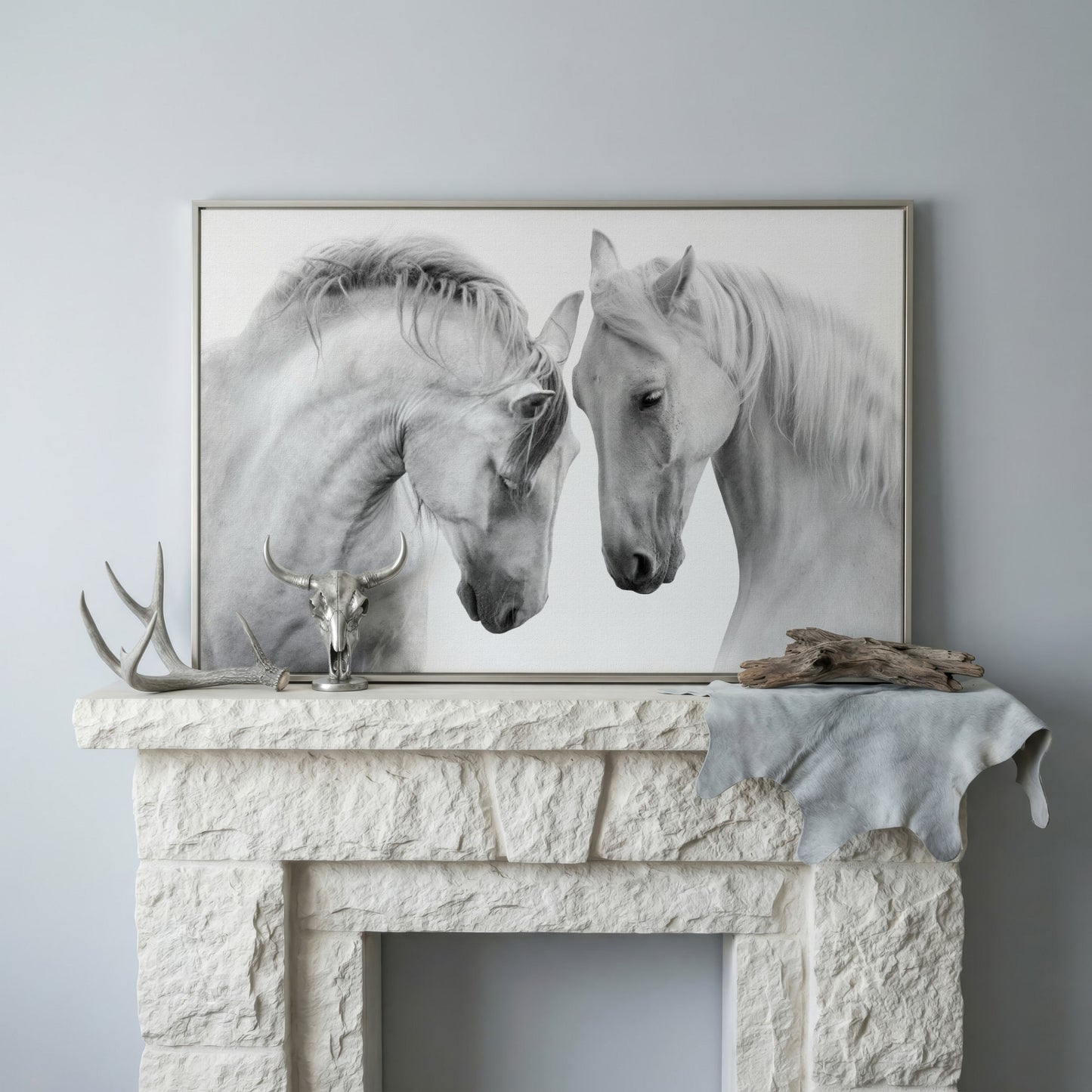 Two Horses Close-Up Portrait Canvas Wall Art in silver floating frame