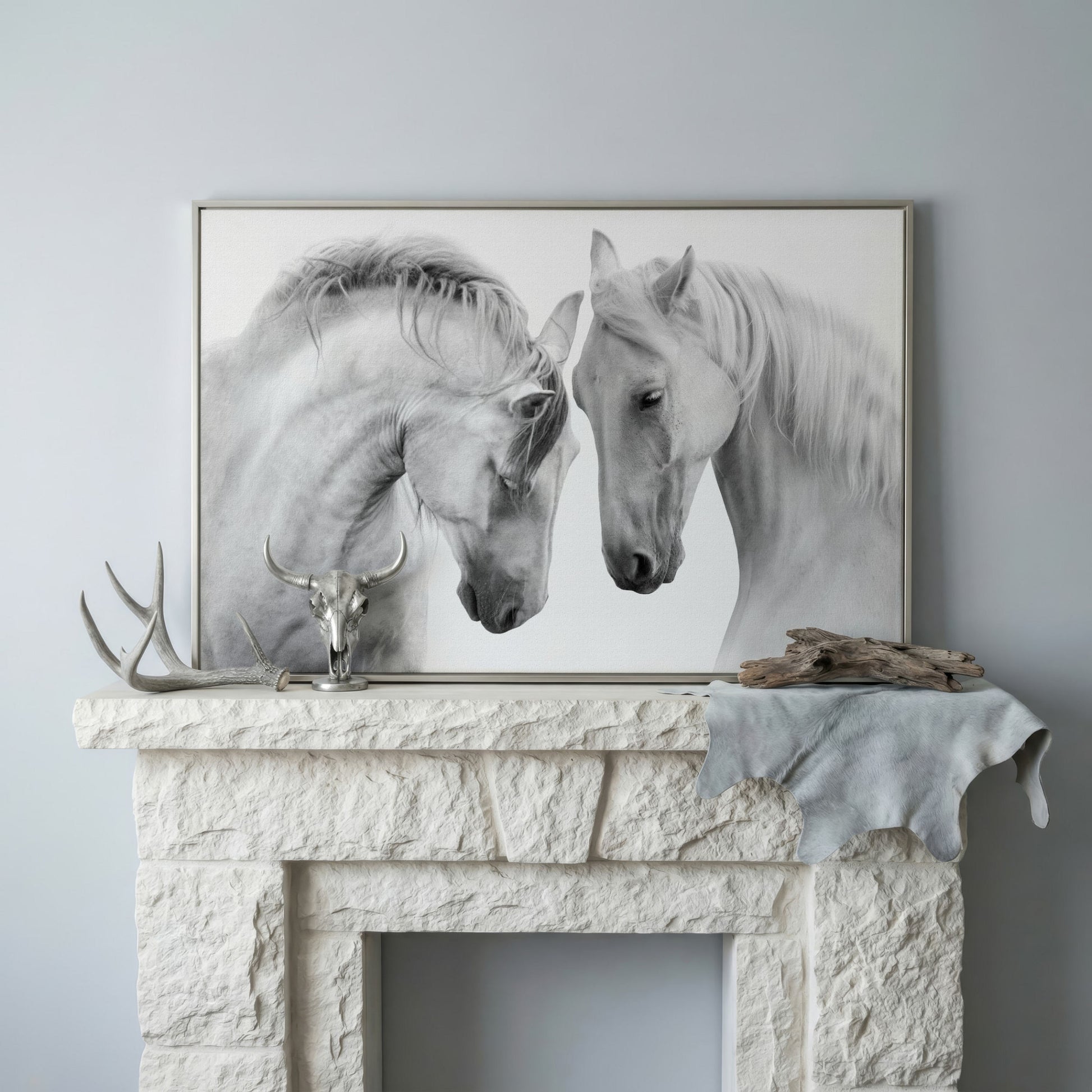 Two Horses Close-Up Portrait Canvas Wall Art in silver floating frame