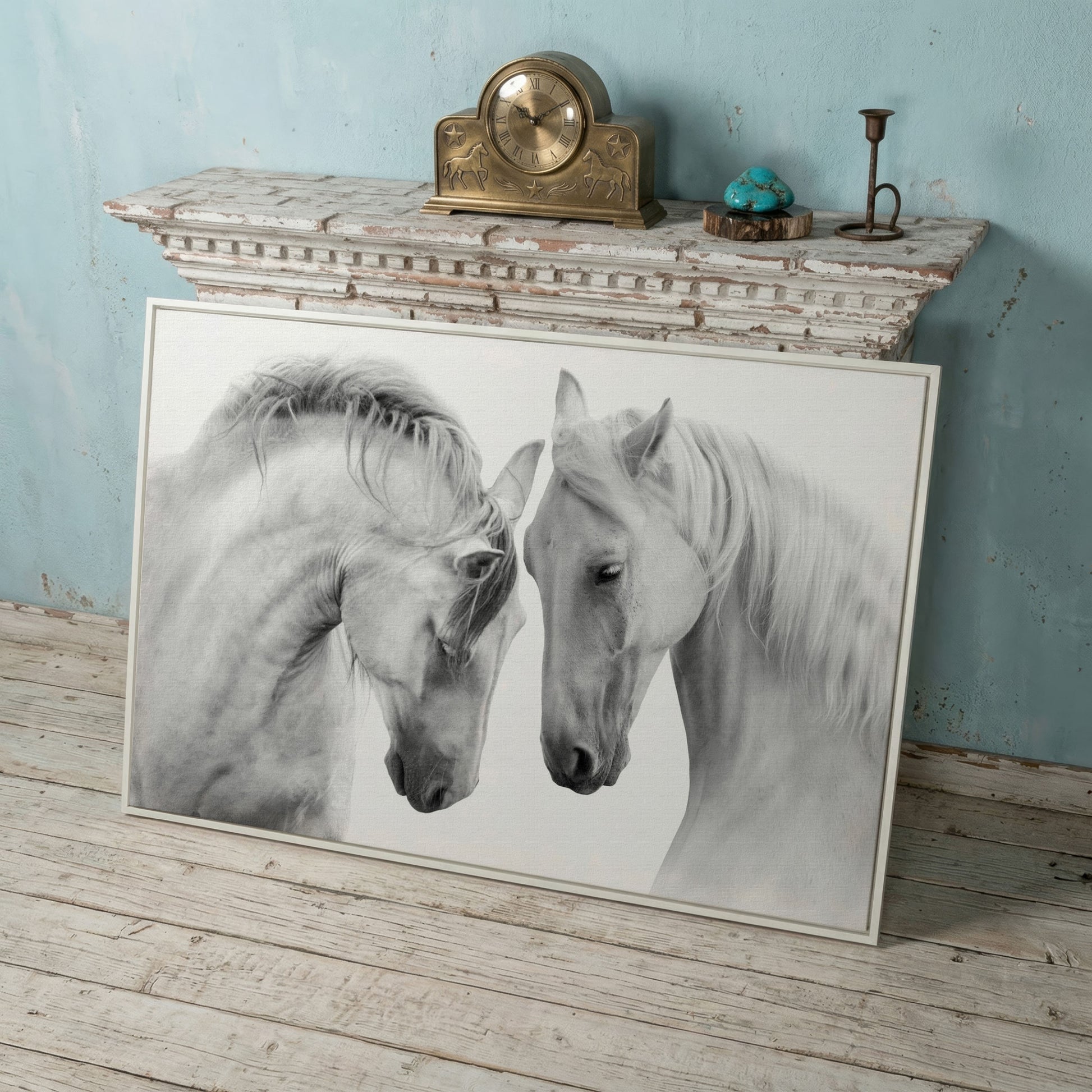 Two Horses Close-Up Portrait Canvas Wall Art in white floating frame