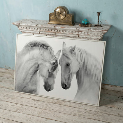Two Horses Close-Up Portrait Canvas Wall Art in white floating frame