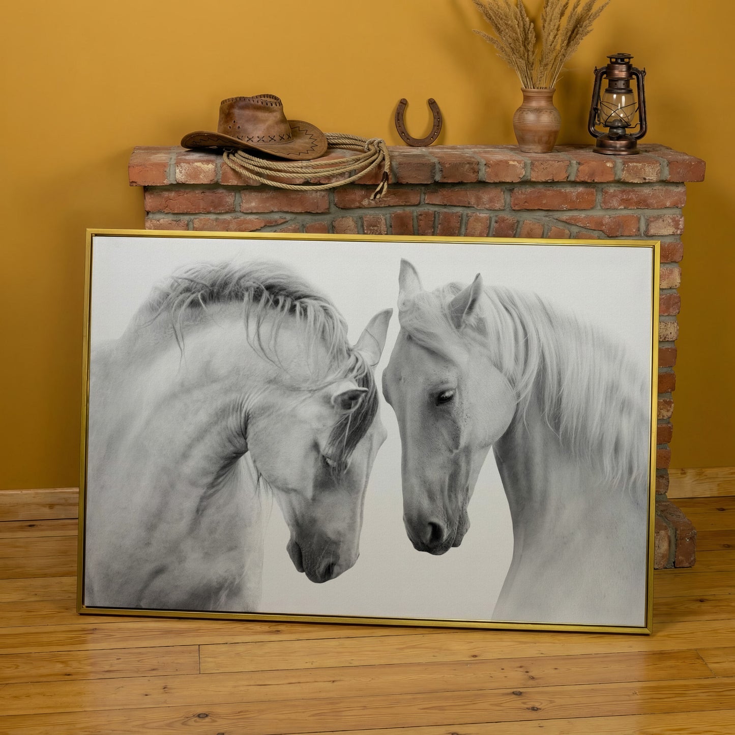 Two Horses Close-Up Portrait Canvas Wall Art in yellow gold floating frame
