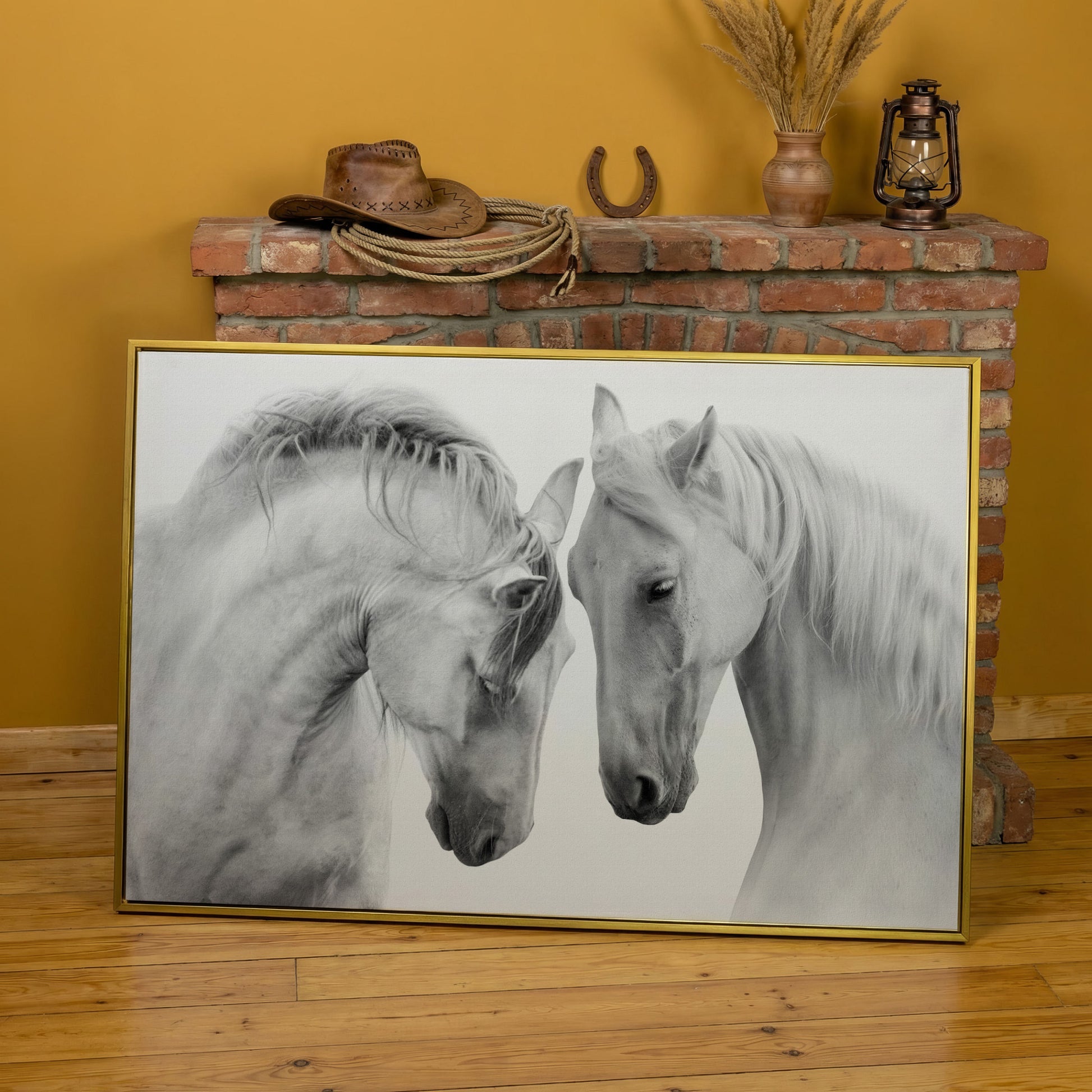 Two Horses Close-Up Portrait Canvas Wall Art in yellow gold floating frame