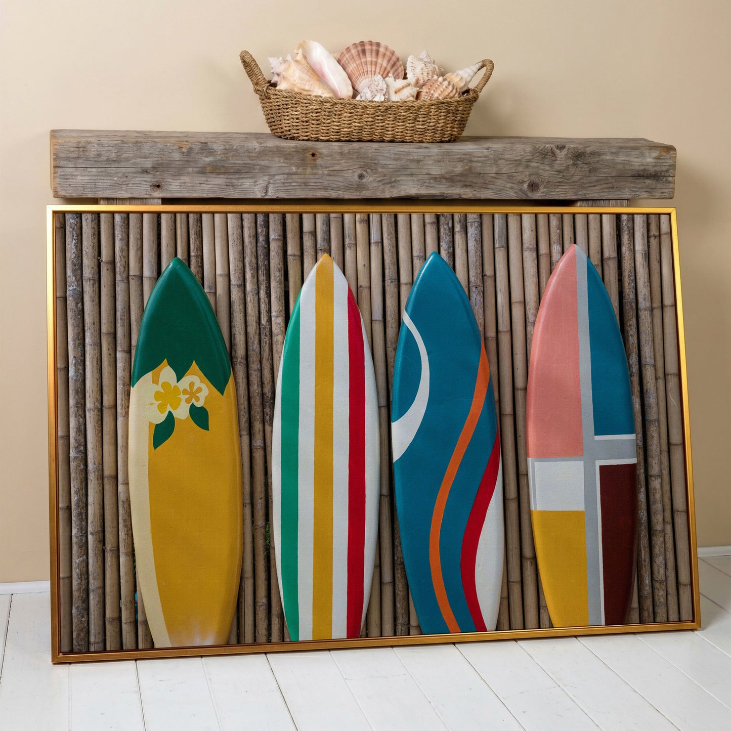 Four Colorful Surfboards on Bamboo Wall Canvas Art in antique gold floating frame