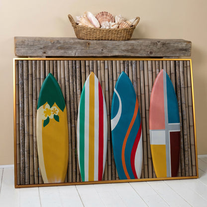 Four Colorful Surfboards on Bamboo Wall Canvas Art in antique gold floating frame