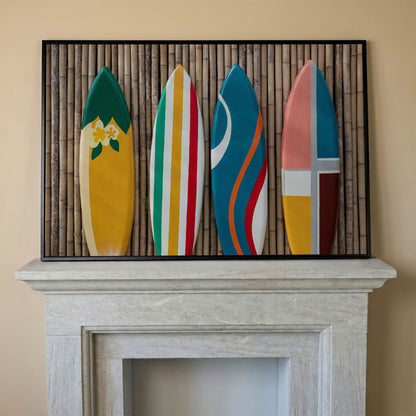 Four Colorful Surfboards on Bamboo Wall Canvas Art in black floating frame