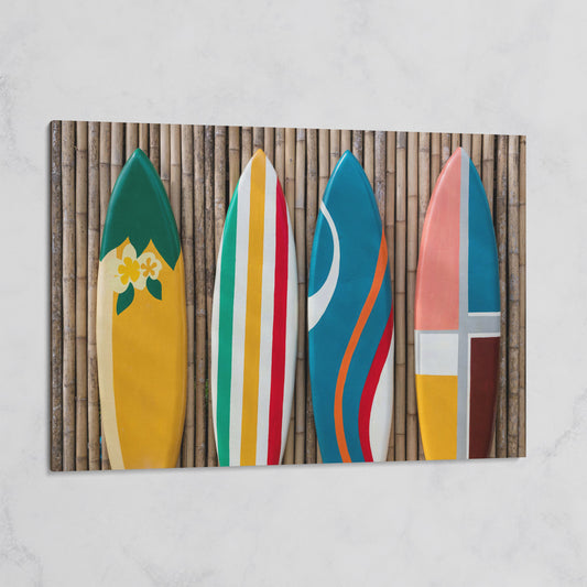 Four Colorful Surfboards on Bamboo Wall Canvas Art on gallery wrap