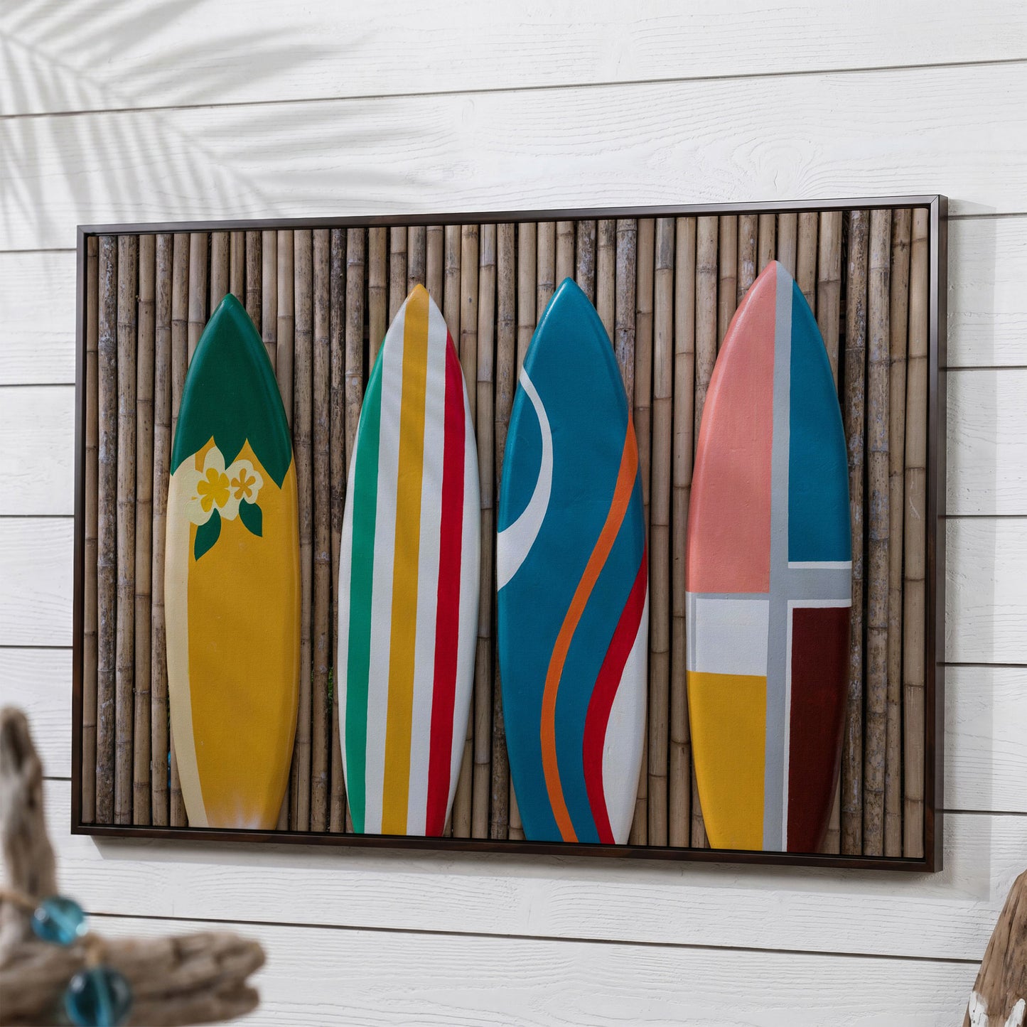 Four Colorful Surfboards on Bamboo Wall Canvas Art in dark walnut floating frame