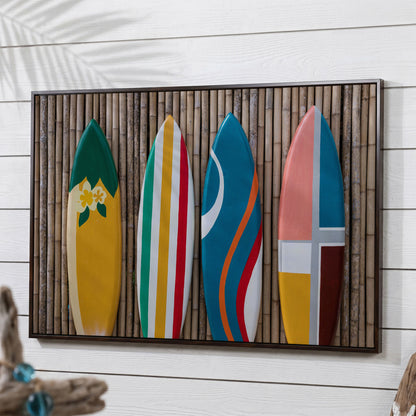 Four Colorful Surfboards on Bamboo Wall Canvas Art in dark walnut floating frame