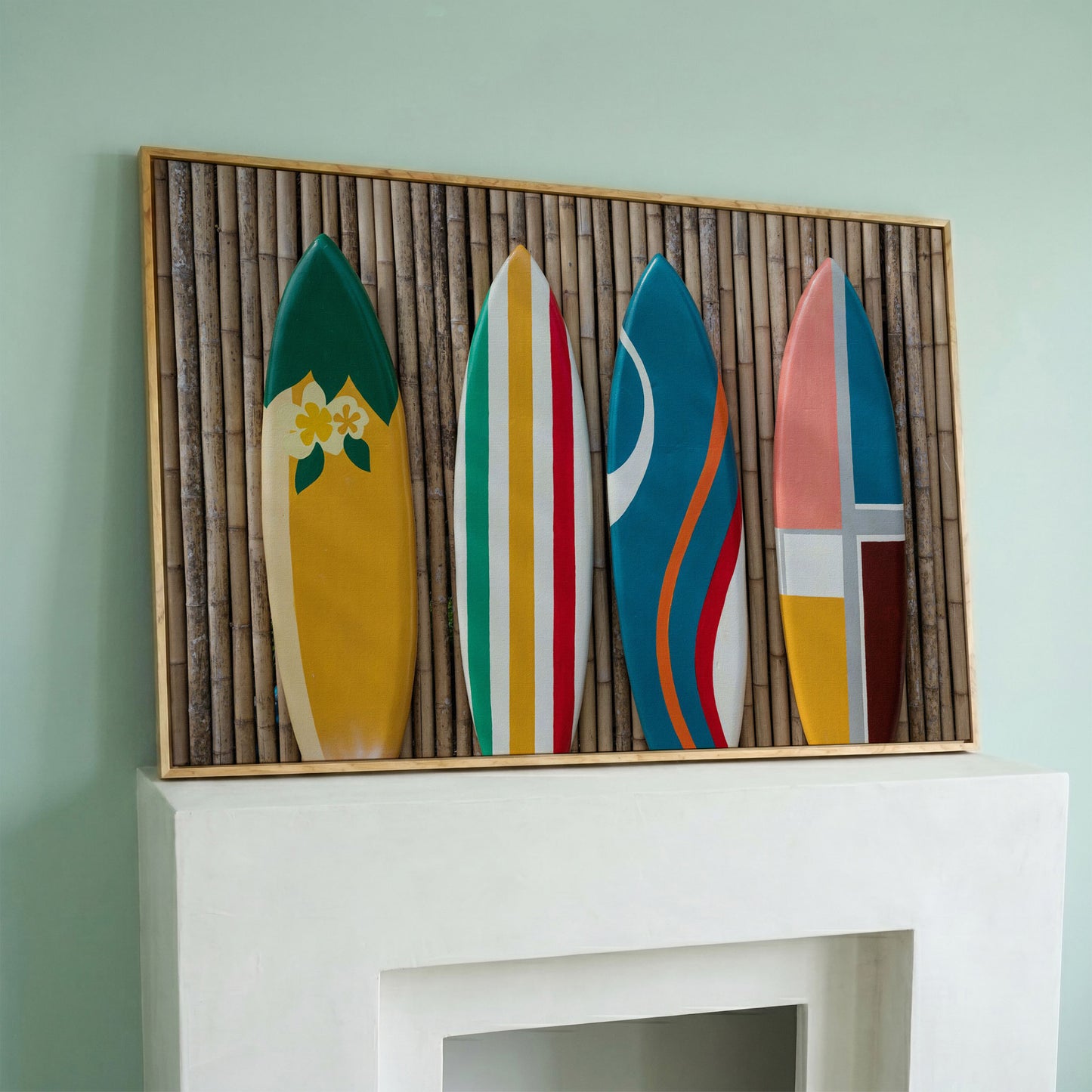 Four Colorful Surfboards on Bamboo Wall Canvas Art in white oak floating frame