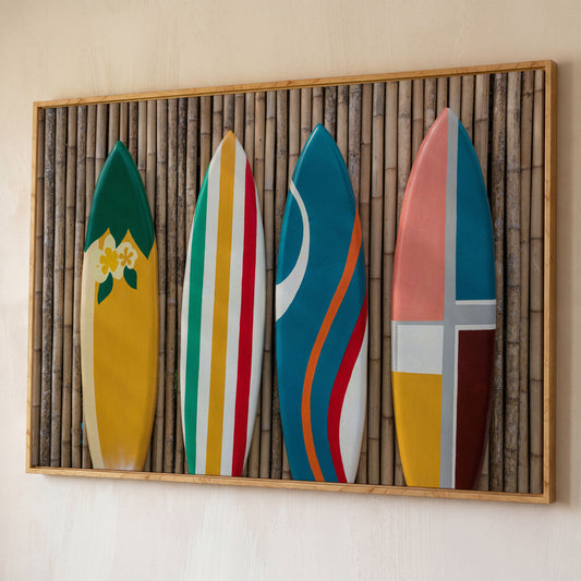 Four Colorful Surfboards on Bamboo Wall Canvas Art shown in white oak floating frame