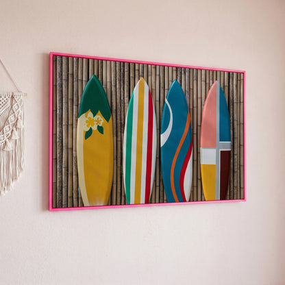 Four Colorful Surfboards on Bamboo Wall Canvas Art in pink floating frame