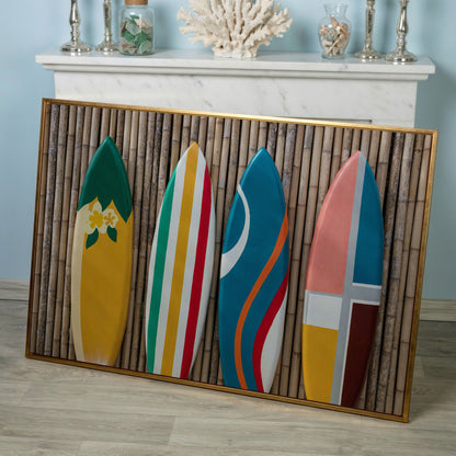 Four Colorful Surfboards on Bamboo Wall Canvas Art in rose gold floating frame