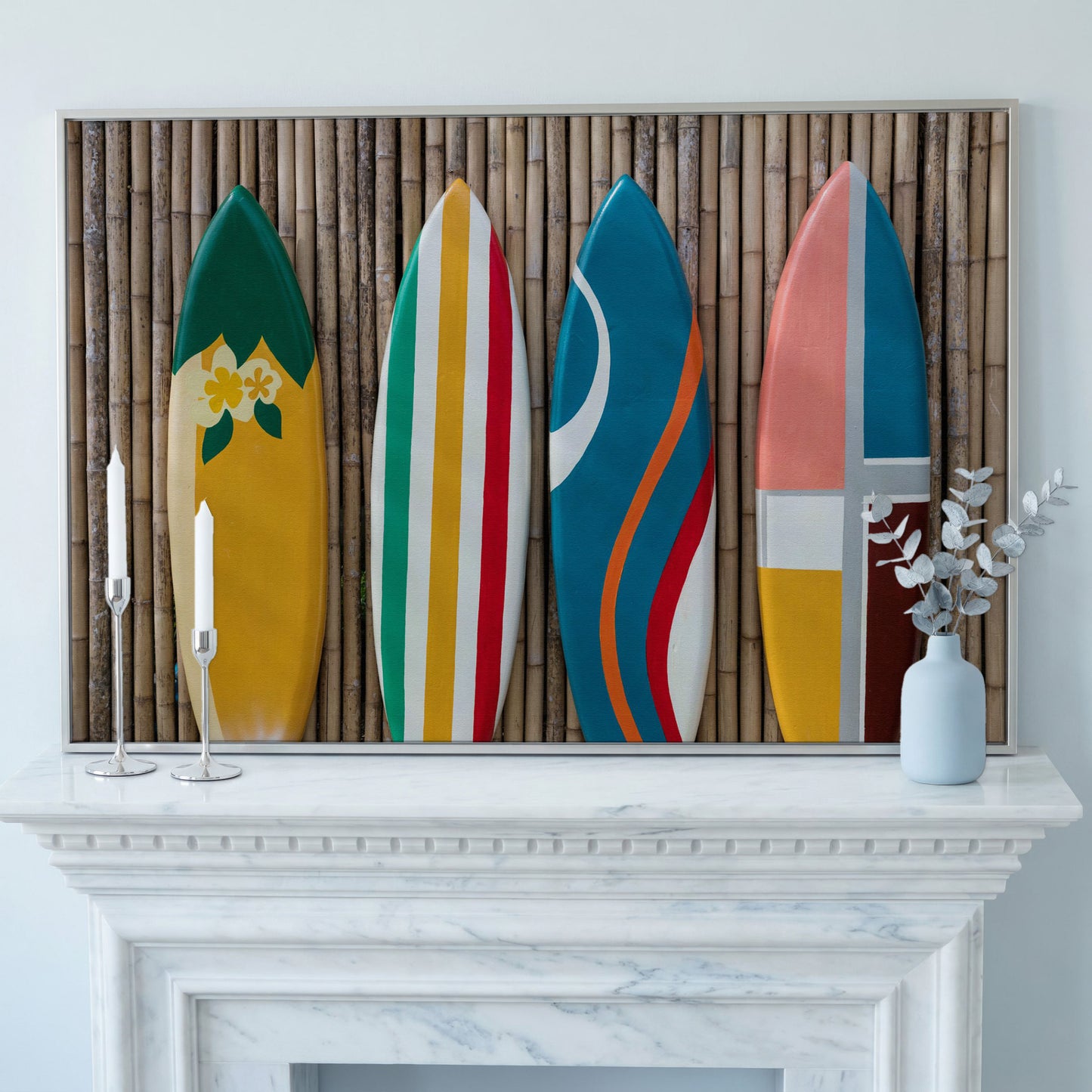 Four Colorful Surfboards on Bamboo Wall Canvas Art in silver floating frame