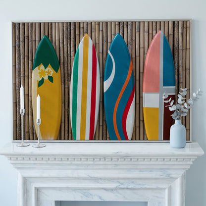 Four Colorful Surfboards on Bamboo Wall Canvas Art in silver floating frame