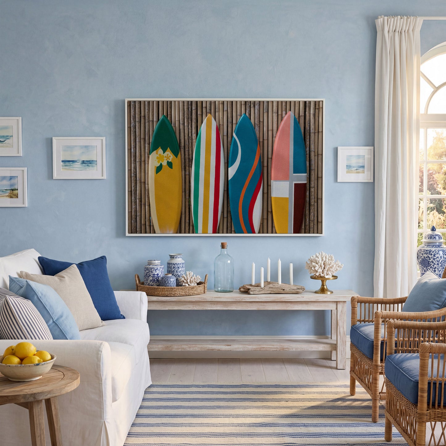 Four Colorful Surfboards on Bamboo Wall Canvas Art in white floating frame