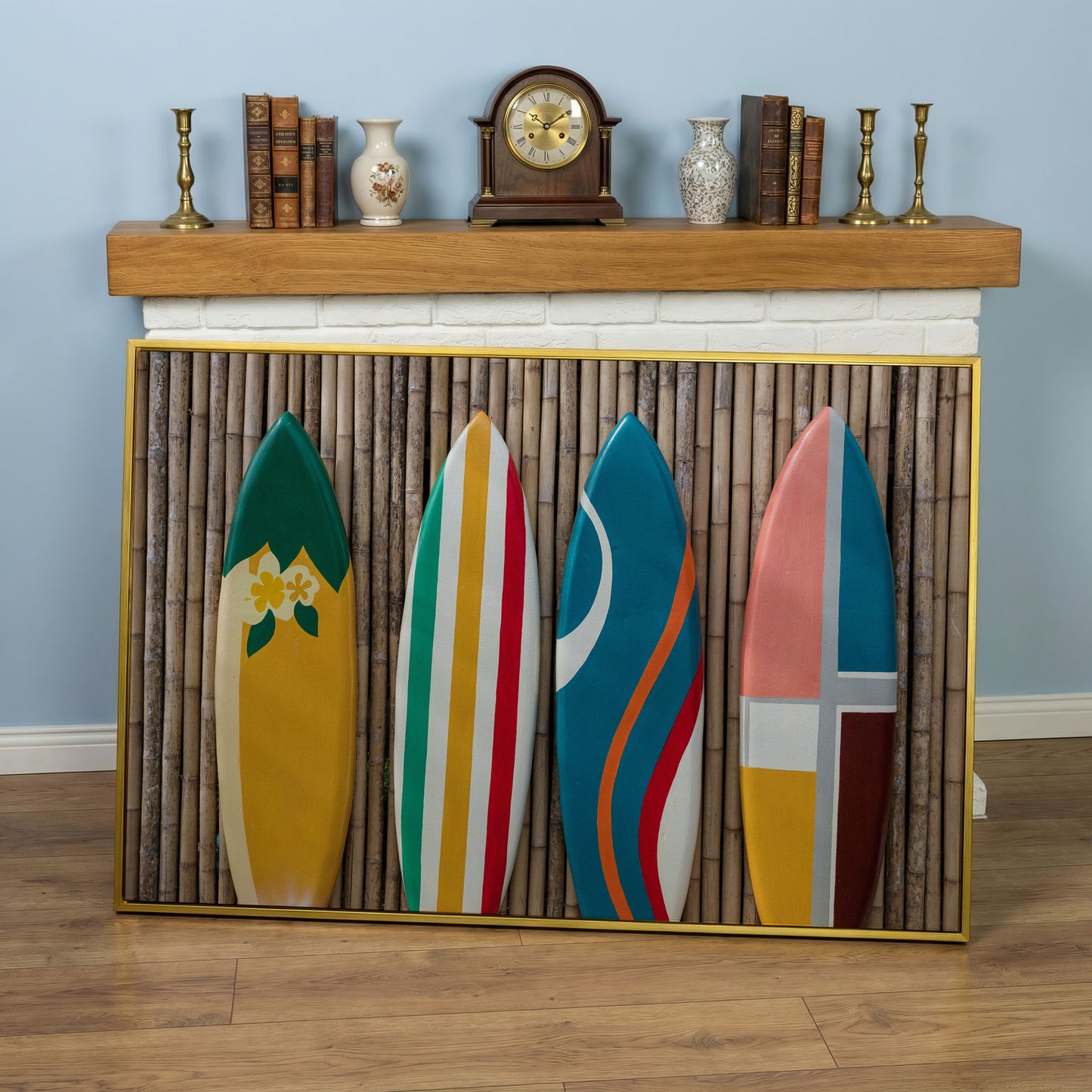 Four Colorful Surfboards on Bamboo Wall Canvas Art in yellow gold floating frame