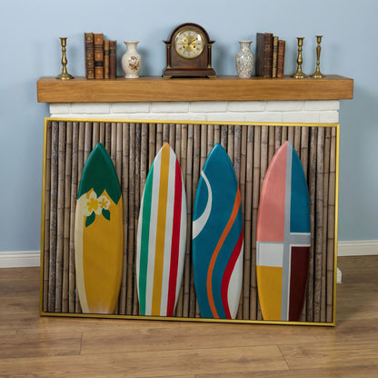 Four Colorful Surfboards on Bamboo Wall Canvas Art in yellow gold floating frame