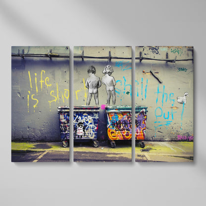 Banksy Boys Peeing Graffiti Canvas Wall Art as 3-panel split version