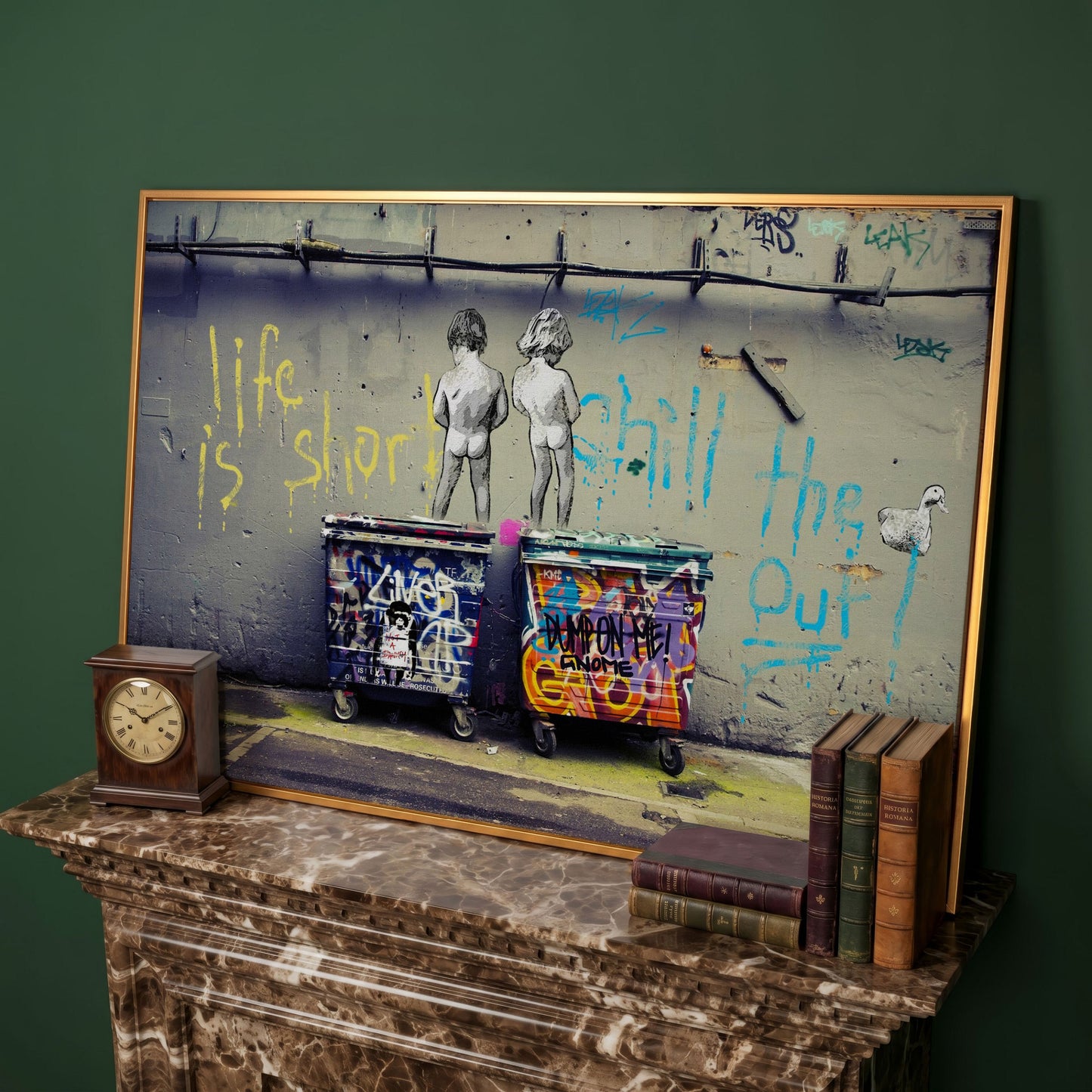 Banksy Boys Peeing Graffiti Canvas Wall Art in antique gold floating frame