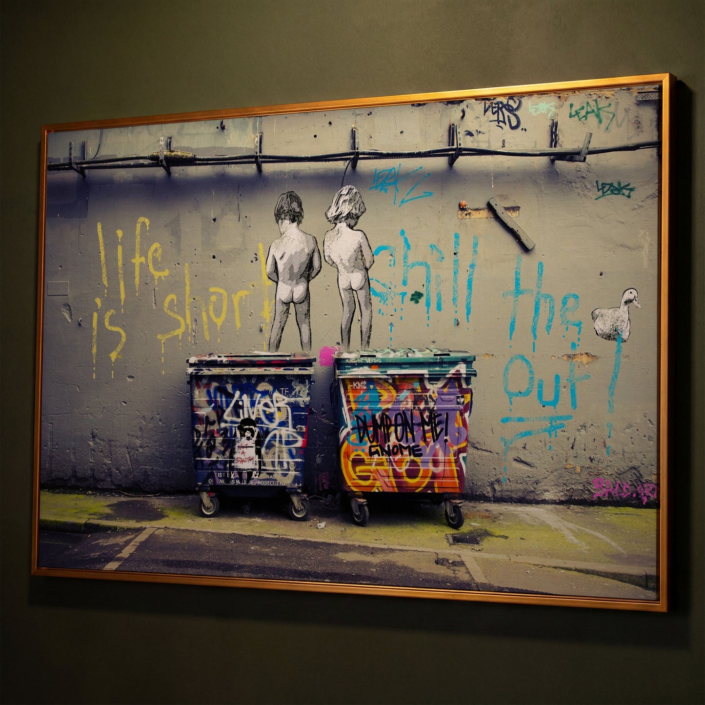 Banksy Boys Peeing Graffiti Canvas Wall Art shown in antique gold floating frame