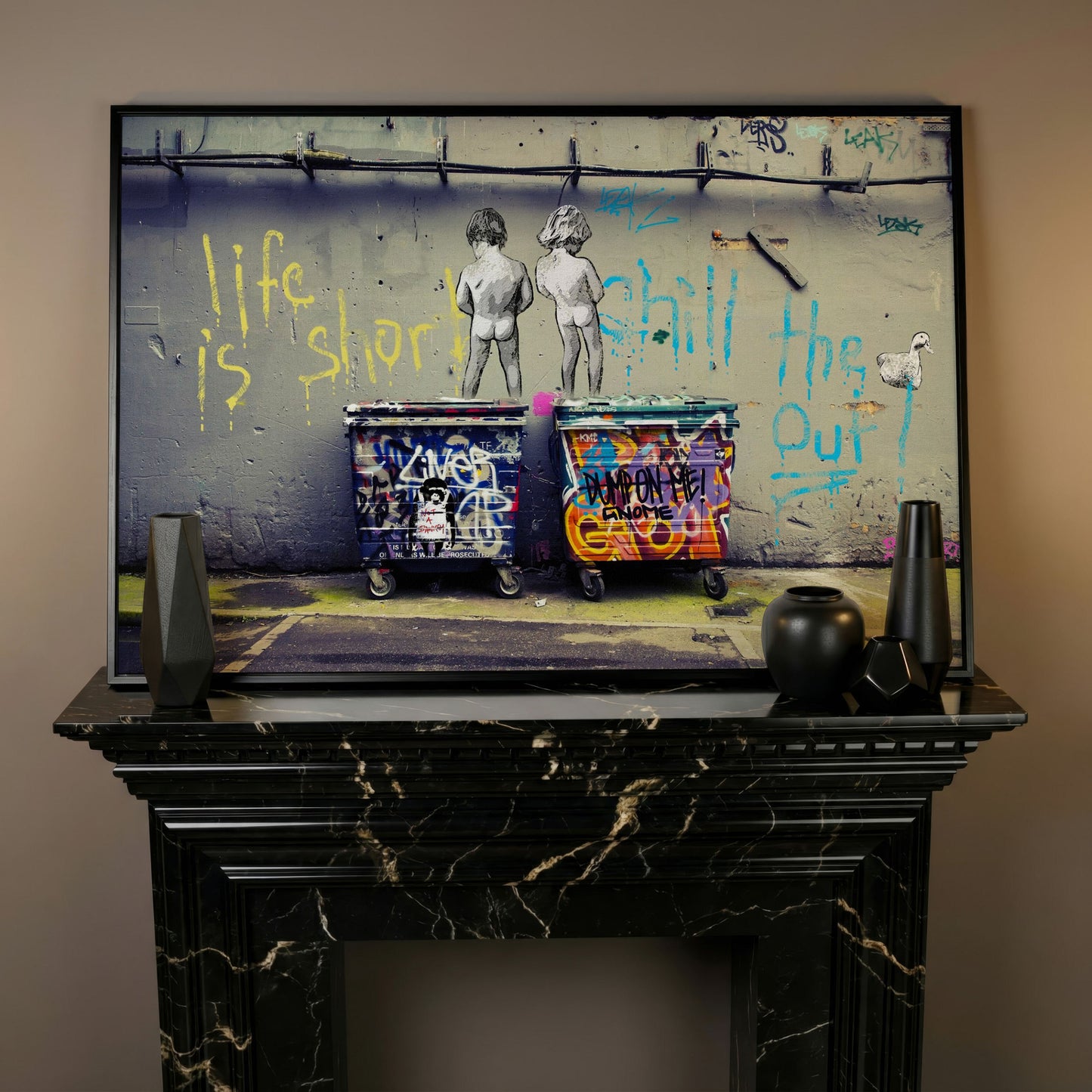 Banksy Boys Peeing Graffiti Canvas Wall Art in black floating frame