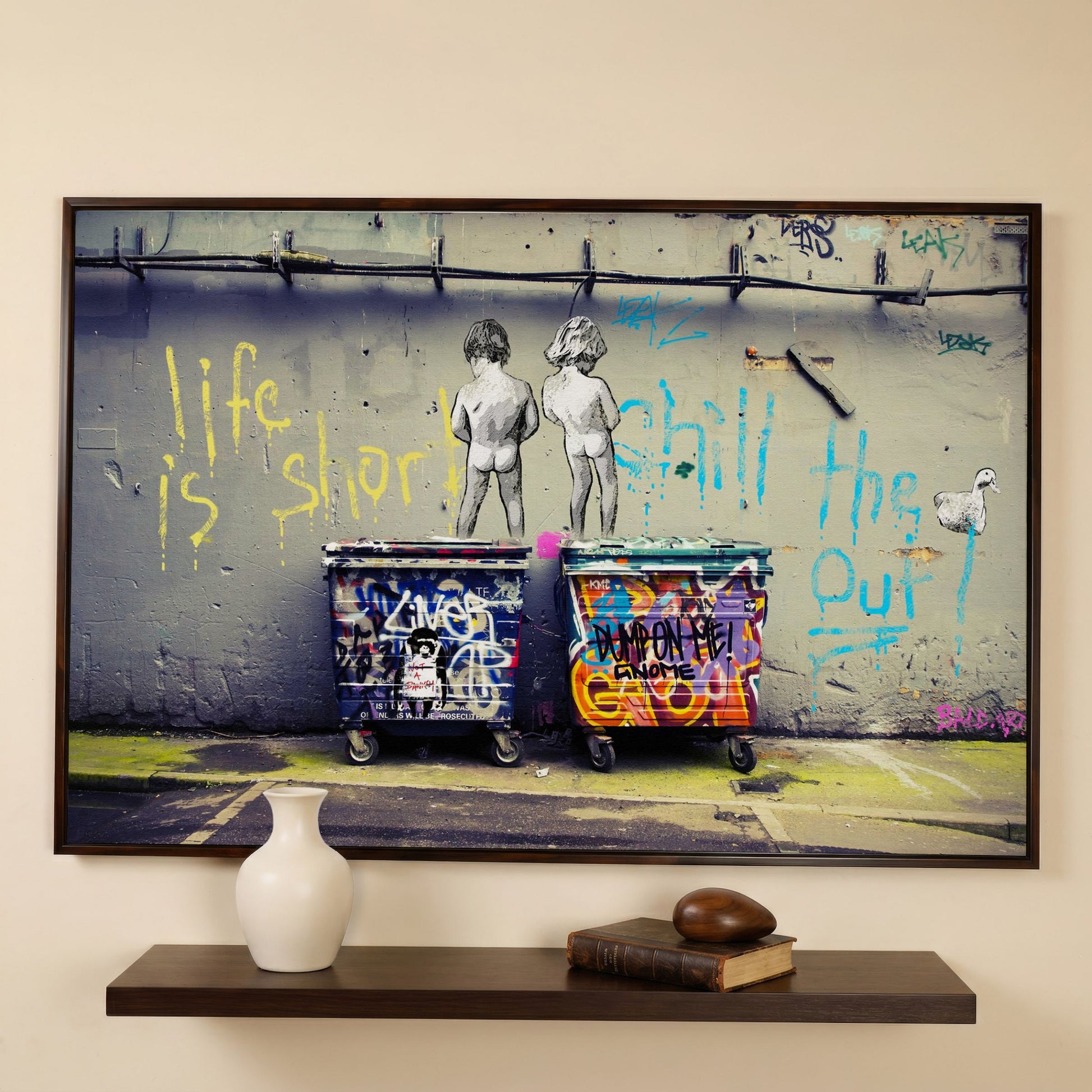 Banksy Boys Peeing Graffiti Canvas Wall Art in dark walnut floating frame