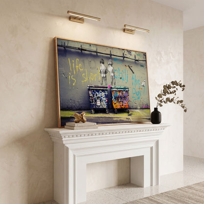 Banksy Boys Peeing Graffiti Canvas Wall Art in white oak floating frame