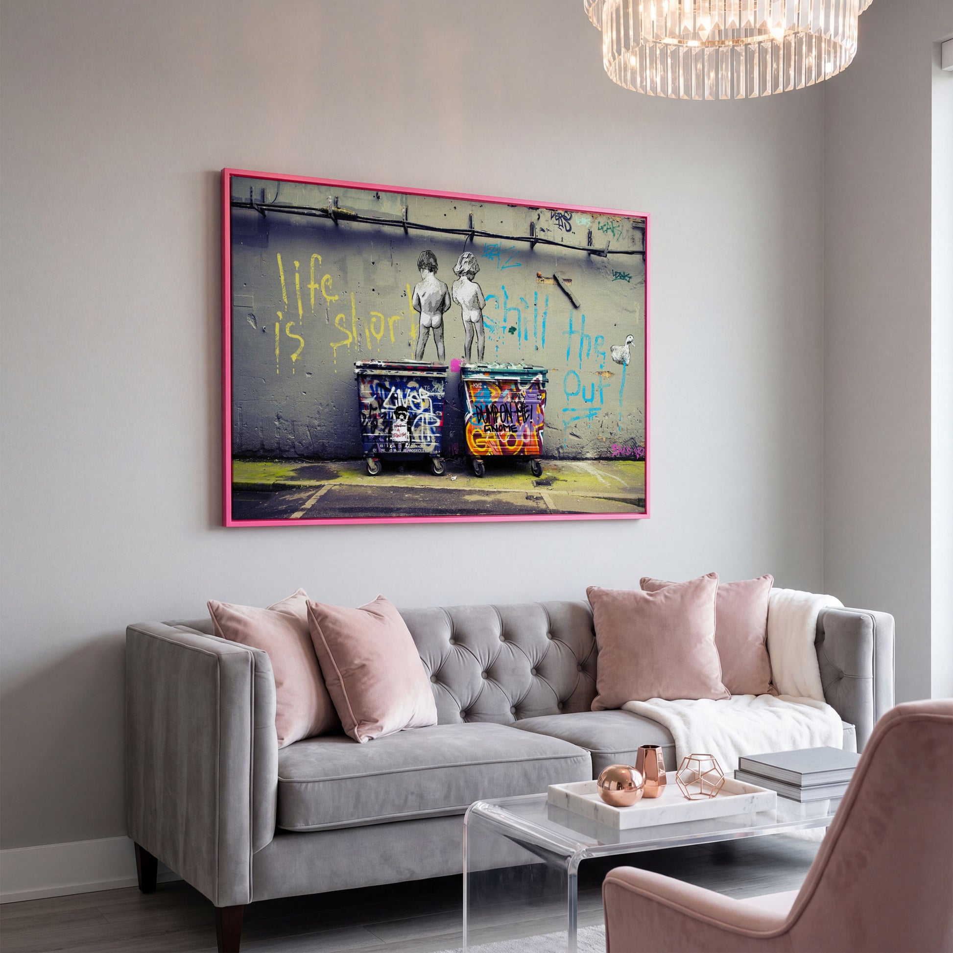 Banksy Boys Peeing Graffiti Canvas Wall Art in pink floating frame