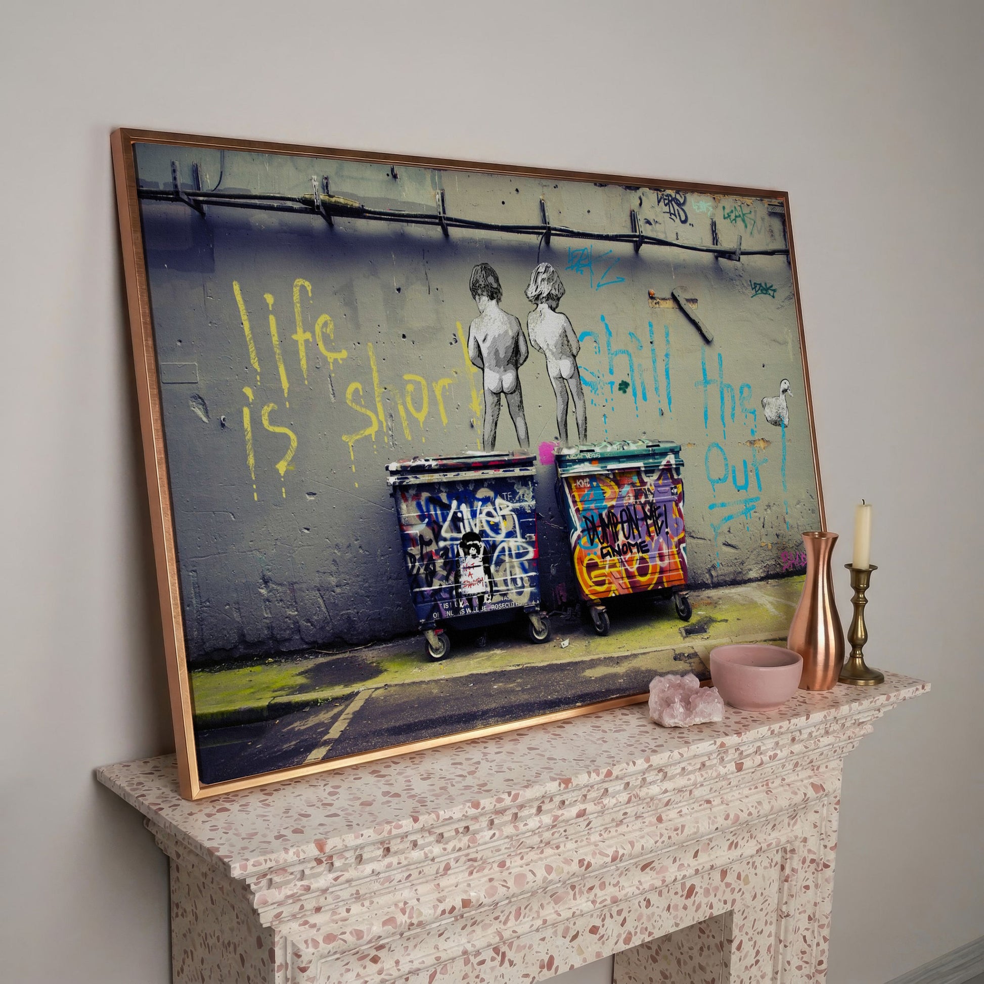 Banksy Boys Peeing Graffiti Canvas Wall Art in rose gold floating frame